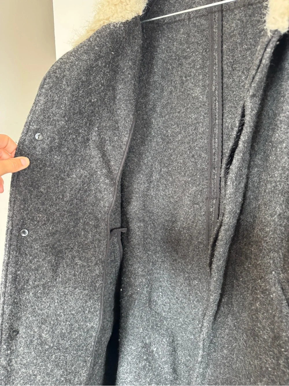 Simple Project 100% Wool Charcoal Coat Cream Shearling Collar XS